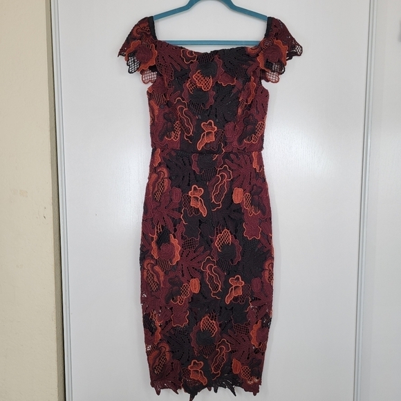 Allen Schwartz Floral Crochet Overlay Pencil Cold Shoulder Midi Dress Sz 4 - Picture 1 of 11